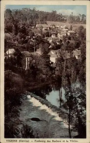 Ak Vigeois Correze, Faubourg des Rochers et la Vezere