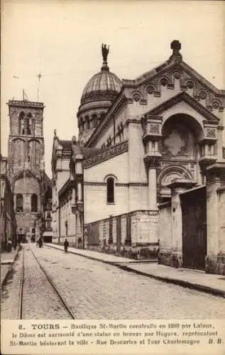 Ak Tours Indre et Loire, Basilique St. Martin, Rue Descartes, Tour Charlemagne