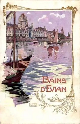 Jugendstil Künstler Ak Evian les Bains Haute Savoie, Teilansicht, Segelboote