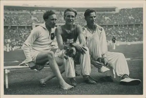 Sammelbild Olympia 1936, 3000m Hindernisläufer Dompert, Iso-Hollo, Tuominen