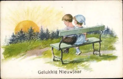 Ak Glückwunsch Neujahr, Sonnenaufgang, Kinder auf einer Bank