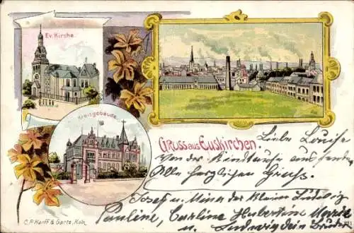 Litho Euskirchen Nordrhein Westfalen, Ev. Kirche, Kreisgebäude, Teilansicht, Fabriken