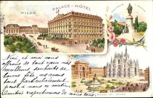 Litho Milano Mailand Lombardia, Palace Hotel, Cavour Denkmal, Dom