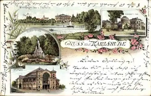 Litho Karlsruhe in Baden, Stadtgarten, See- u. Festhalle, Vierordt's Bad, Nymphengruppe