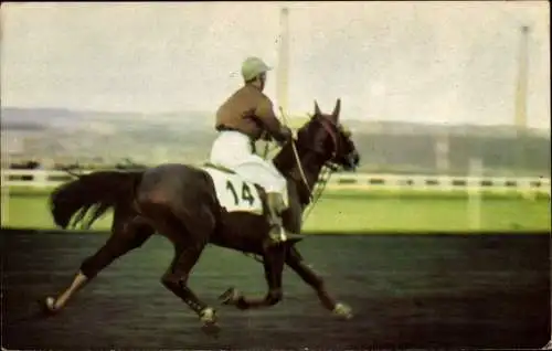 Ak Mann auf Pferd, Pferderennsport, Jockey, Nr 14, Postillon 1967, Louis Sauve sur Querido II