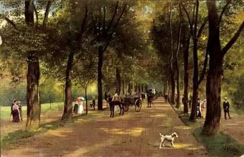 Künstler Ak Baden Baden, Blick in die Lichtenthaler Allee, Fußgänger, Hund, Kutsche