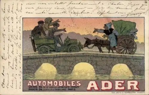 Litho Reklame, Automobiles Ader, Automobil und Kutsche auf eienr Brücke