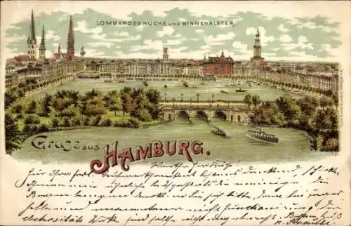 Litho Hamburg, Lombardsbrücke, Binnenalster