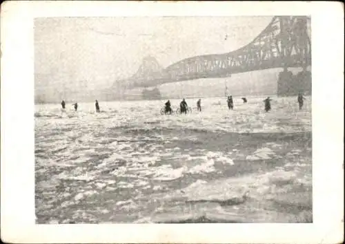 Ak Homberg Duisburg im Ruhrgebiet, zugefrorener Rhein 1929, Brücke