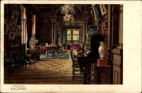 Litho Bredeney Essen im Ruhrgebiet, Villa Hügel, Innenansicht, Bibliothek