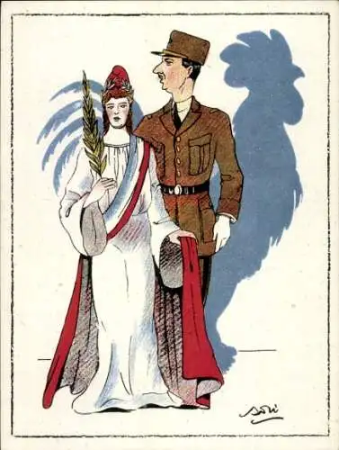 Künstler Ak General Charles de Gaulle, Marianne, Gallischer Hahn, Karikatur