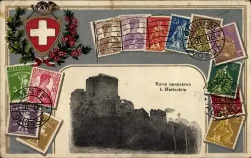 Präge Wappen Briefmarken Passepartout Ak Mariastein Kanton Solothurn, Ruine Landskron Leymen