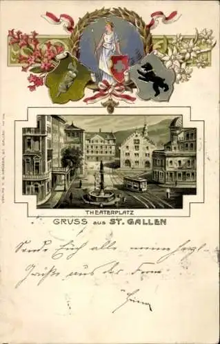 Präge Wappen Passepartout Litho Sankt Gallen Stadt Schweiz, Theaterplatz