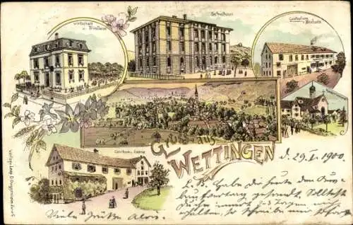 Litho Wettingen Kanton Aargau, Schule, Gasthof zum Neuhaus, Gasthaus zur Sonne, Totalansicht