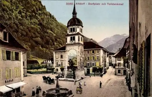 Ak Altdorf Kt. Uri Schweiz, Dorfplatz mit Telldenkmal, Turm, Brunnen, Bierbrauerei, Bazar