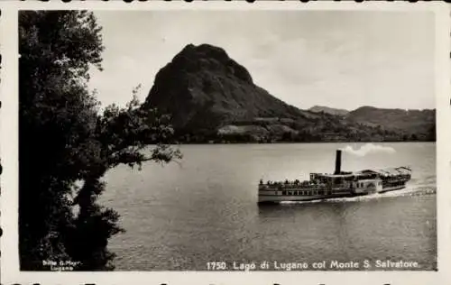 Ak Lago di Lugano Lombardia, Salondampfer in Fahrt, San Salvatore Berg