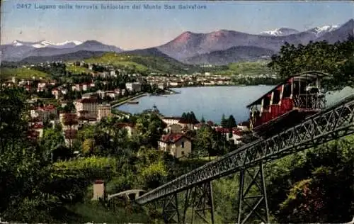 Ak Lago di Lugano Lombardia, Zahnradbahn zum Monte San Salvatore, Ort