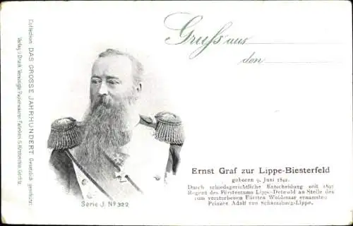 Ak Ernst Graf zur Lippe Biesterfeld, Regent des Fürstentums Lippe Detmold, Portrait