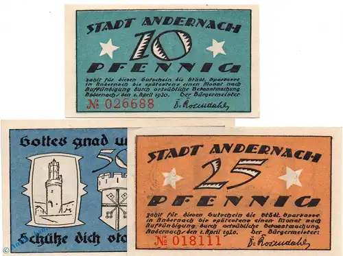 Notgeld Andernach , Set mit 3 Scheinen in kfr. Mehl Grabowski 32.1 a , von 1920 , Rheinland Seriennotgeld