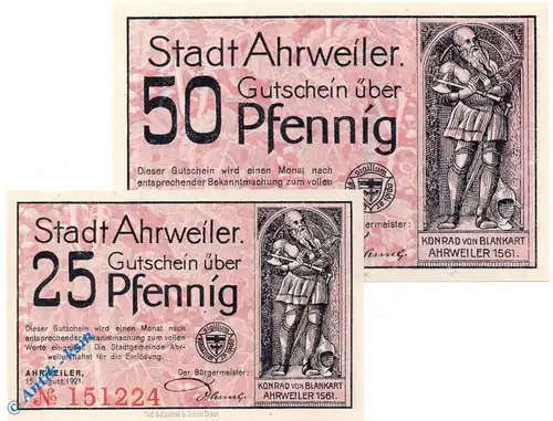 Notgeld Ahrweiler , Set mit 2 Scheinen , o könnten , Mehl Grabowski 7.2 , von 1921 , Rheinland Serien Notgeld