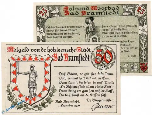 Notgeld Bramstedt , Set mit 2 Scheinen in kfr. Mehl Grabowski 151.1 , von 1920 , Schleswig Holstein Seriennotgeld