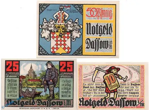 Notgeld Dassow , Set mit 3 Scheinen in kfr. Mehl Grabowski 260.2 , Mecklenburg-Vorpommern Seriennotgeld