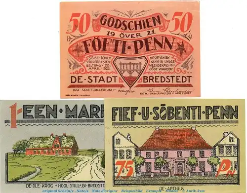 Notgeld Stadt Bredstedt 159.1 , Set mit 3 Scheinen in kfr. von 1921 , Schleswig Holstein Seriennotgeld