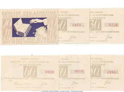 Notgeld Brande Hörnerkirchen 152.1 , Set mit 6 Scheinen -- bis 1921 -- in kfr. Schleswig Holstein Seriennotgeld