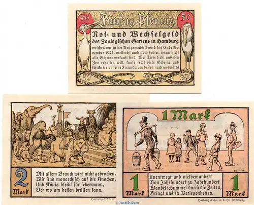 Notgeld Zoologischer Garten Hamburg 563.1 , Set mit 3 Scheinen in kfr. o.D. Hamburg Seriennotgeld