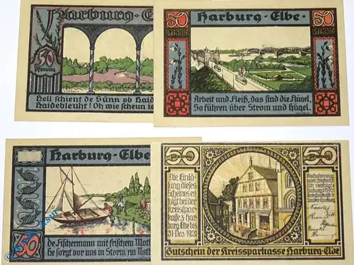 Notgeld Harburg , Set mit 4 Scheinen in kfr. Mehl Grabowski 580.1 , von 1921 , Hamburg Seriennotgeld