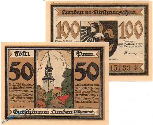 Notgeld Lunden , Set mit 2 Scheinen in kfr. Mehl Grabowski 845.1 , von 1921 , Schleswig Holstein Seriennotgeld