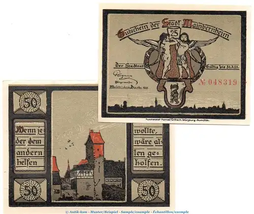 Notgeld Stadt Mainbernheim 859.1 , Set mit 2 Scheinen -Brot- in kfr. von 1920 , Bayern Seriennotgeld