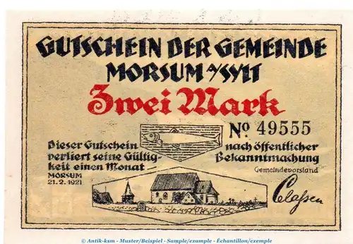Notgeld Gemeinde Morsum - Sylt , 2 Mark Schein in kfr. von 1921 , Schleswig Holstein Seriennotgeld