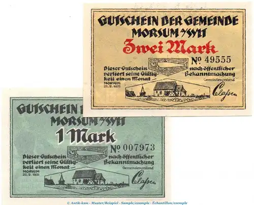 Notgeld Gemeinde Morsum - Sylt 900.1-2 , Set mit 2 Scheinen in kfr. von 1921 , Schleswig Holstein Seriennotgeld