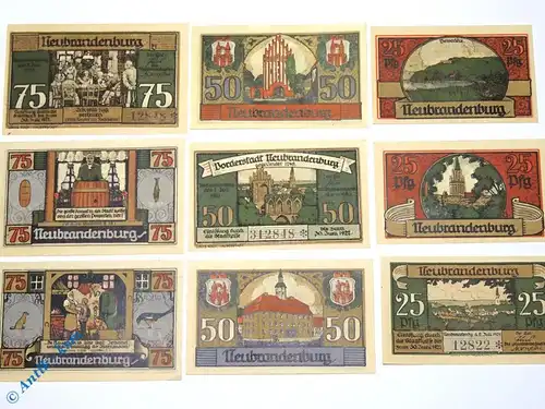 Notgeld Neubrandenburg , Mecklenburg Vorpommern , vollständiger Satz mit 9 Scheinen , Seriennotgeld , 935.2 , von 1921