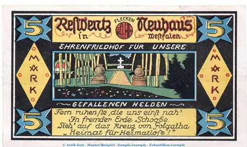 Notgeld Gemeinde Neuhaus 945.4 , 5 Mark Schein in kfr. o.D. Westfalen Seriennotgeld