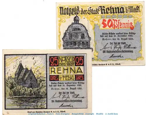 Notgeld Stadt Rehna 1109.1 , Set mit 2 Scheinen in kfr. von 1921 , Mecklenburg Vorpommern Seriennotgeld