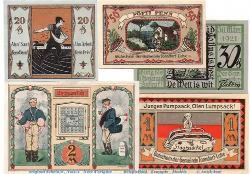 Notgeld Gemeinde Tonndorf Lohe 1330.1 , Set mit 5 Scheinen in kfr. von 1921 , Hamburg Seriennotgeld