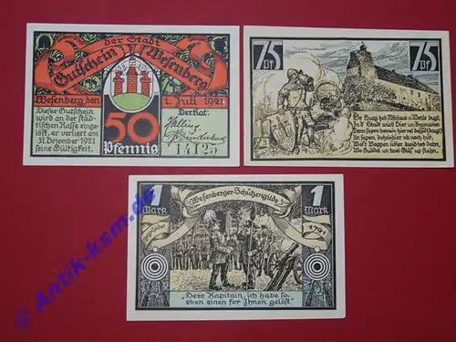 Notgeld Stadt Wesenberg 410.1 , Set mit 3 Scheinen in kfr. von 1921 , Mecklenburg Vorpommern Seriennotgeld