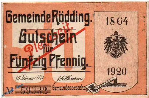 Notgeld Gemeinde Rödding 1131.3 , 50 Pfennig Schein in kfr. von 1920 , Dänisch Nordschleswig Seriennotgeld