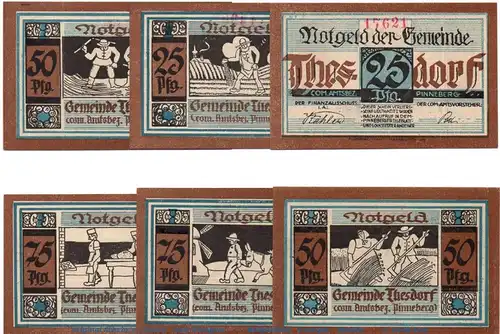 Notgeld Gemeinde Thesdorf 1321.2 , Set mit 6 Scheinen o. Wz. in kfr. o.D. Schleswig Holstein Seriennotgeld