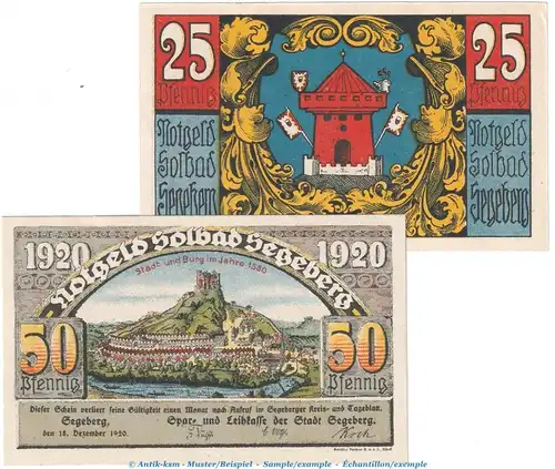 Notgeld Stadt Segeberg 1218.1 Set mit 2 Scheinen in kfr. von 1920 , Schleswig Holstein Seriennotgeld