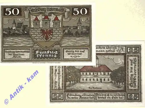 Notgeld Stadt Strasburg 1280.1 , Set mit 2 Scheinen in kfr. o.D. Mecklenburg Vorpommern Seriennotgeld