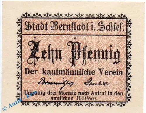 Notgeld Bernstadt , Kfm. Verein , 10 Pfennig Schein in kfr. ZickZackLinien , Tieste 0550.05.40 , Schlesien Verkehrsausgabe