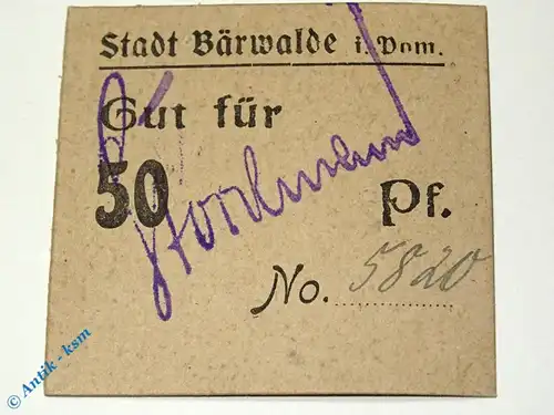 Notgeld Bärwalde , 50 Pfennig Schein , Karton hellbraun , Tieste 0300.05.15 , Pommern Verkehrsausgabe
