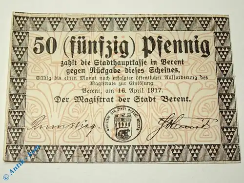 Notgeld Berent , 50 Pfennig Schein , Tieste 0430.05.02 , von 1917 , Westpreussen Verkehrsausgabe