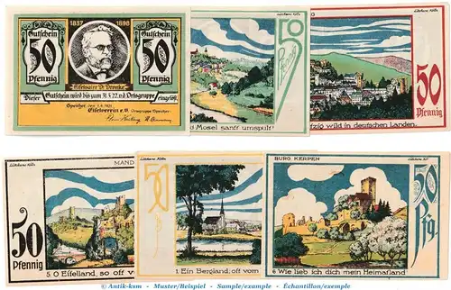 Notgeld Eifelverein Speicher 1248.2 , Set -rauh- mit 6 Scheinen in kfr. von 1921 , Rheinland Seriennotgeld