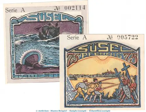 Notgeld Gemeinde Süsel 1300.1 , Set mit 2 Scheinen in kfr. von 1921 , Schleswig Holstein Seriennotgeld