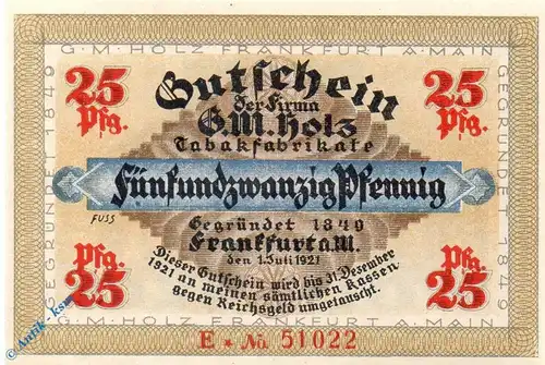 Notgeld Frankfurt , G. M. Holz , 25 Pfennig Schein E , Wolfseck , Mehl Grabowski 374.1 , von 1921 , Hessen Serien Notgeld