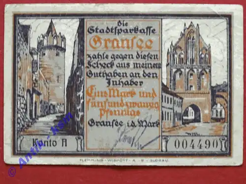 Notgeld Gransee , Einzelschein über 1,25 Mark mit Unterschrift , Mehl Grabowski 465.1 B , Seriennotgeld Brandenburg